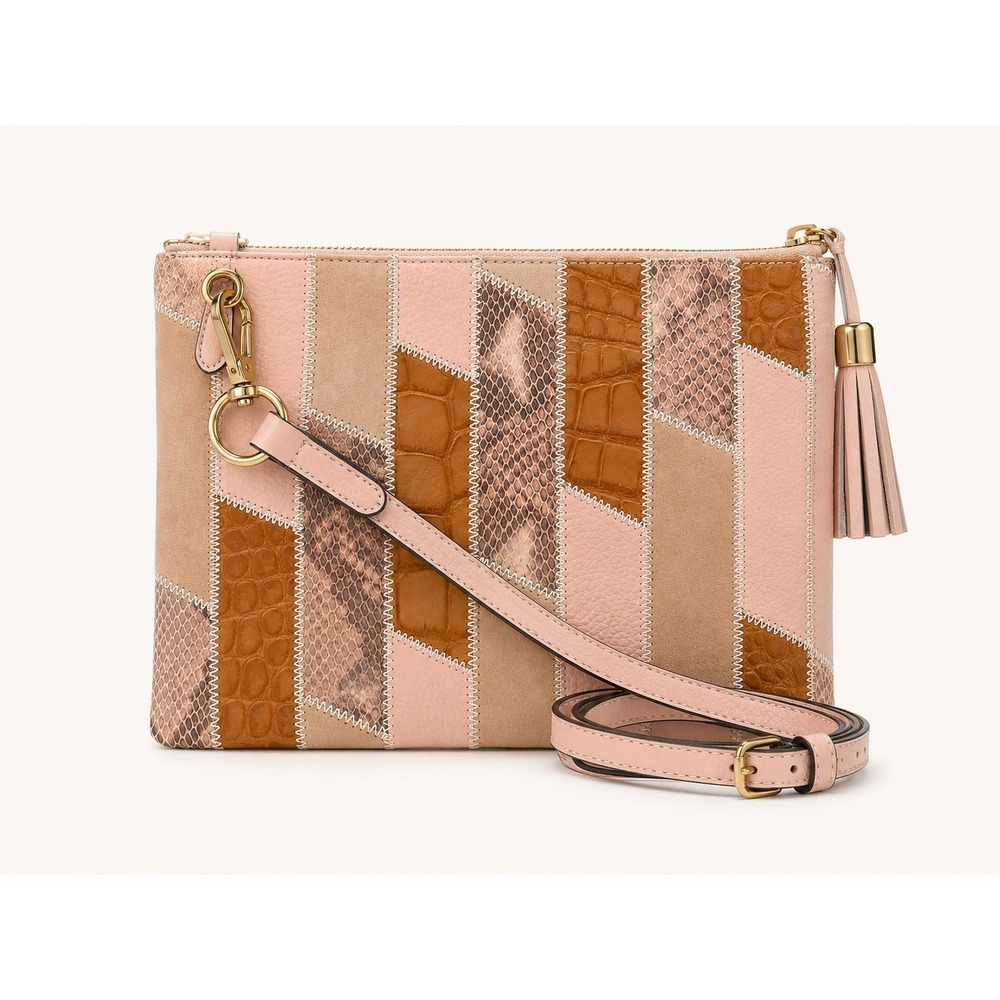 GILI Womens Crossbody Bag Small Pink Leather Suede Patchwork Tassel New